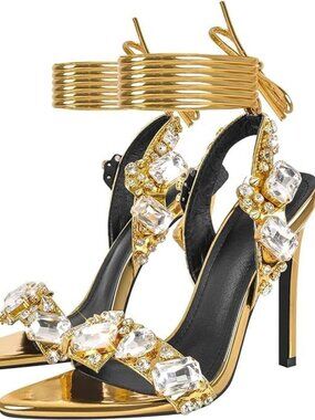 Women's Strappy Stiletto Heels with Crystals, Lace Up Gladiator Open Toe